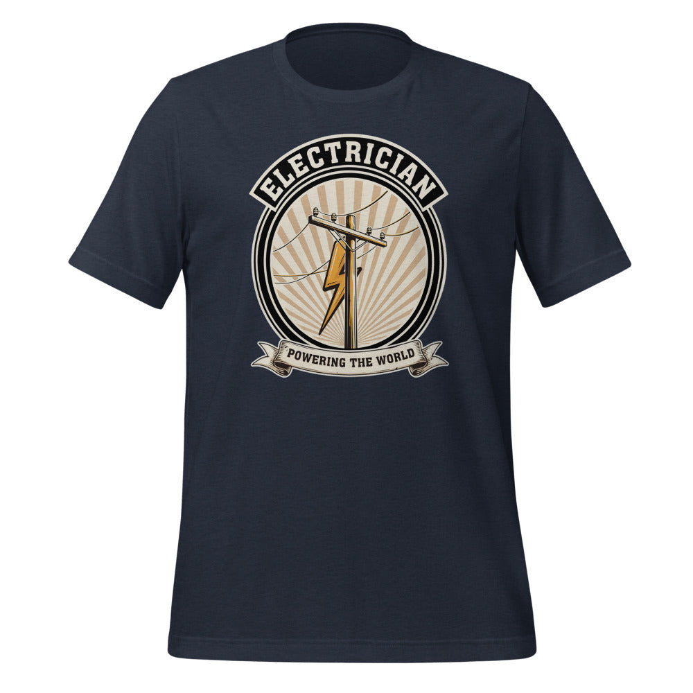 Powering The World electrician emblem tee — Heather Navy, front