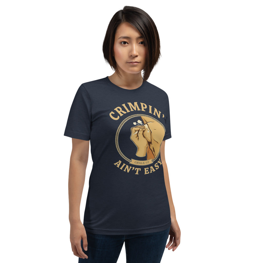 Crimpin' Ain't Easy bouldering badge t-shirt — Heather Navy, on model