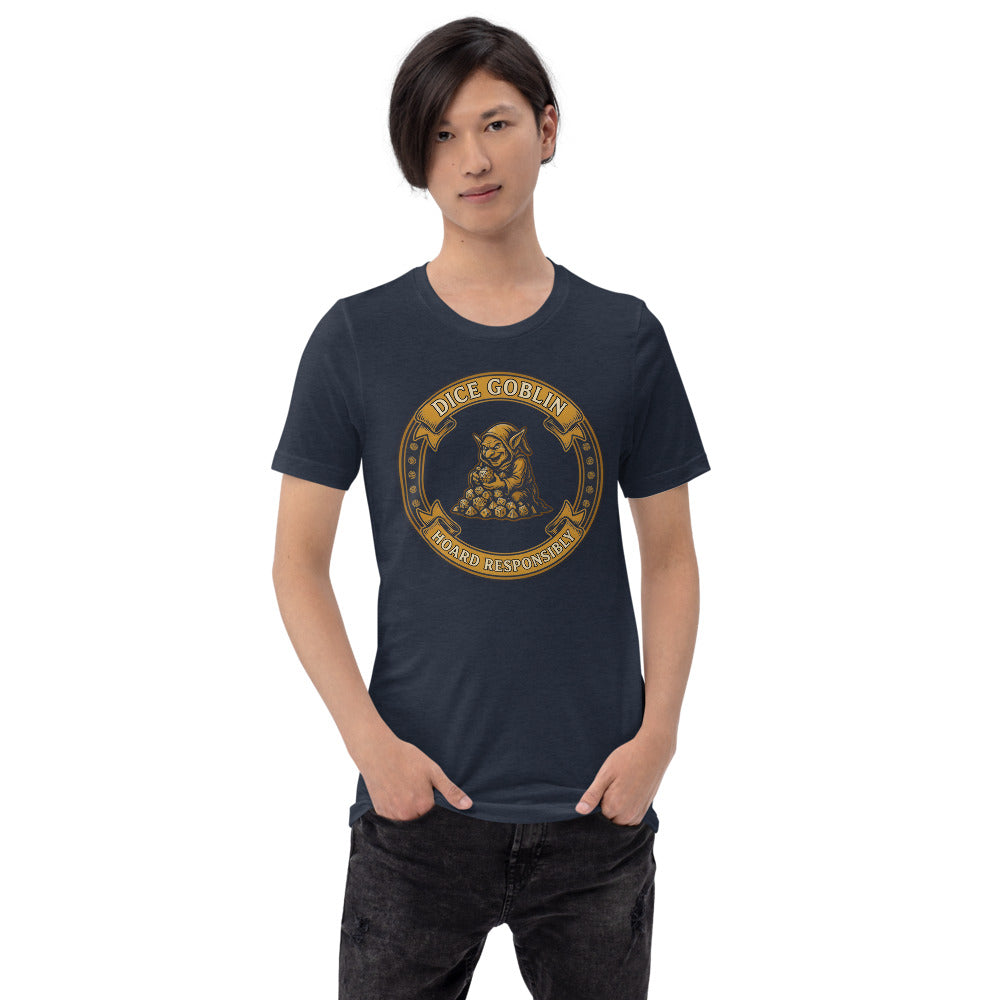 Dice Goblin Hoard Responsibly tabletop RPG tee — Heather Navy, on model