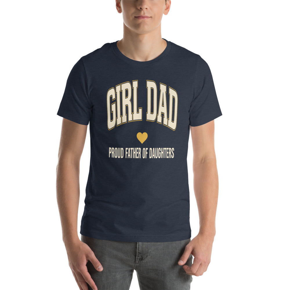 Girl Dad retro varsity tee — Heather Navy, on model