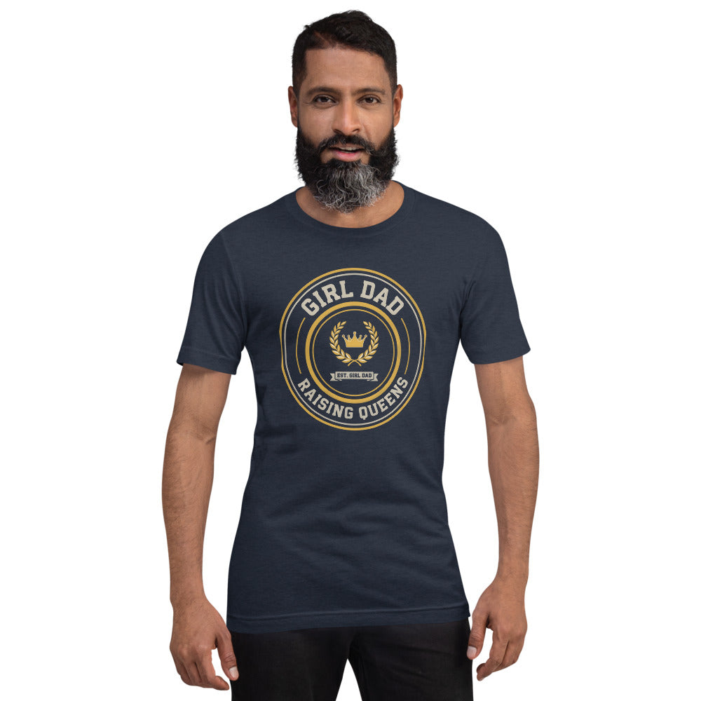 Girl Dad Raising Queens crest tee — Heather Navy, on model