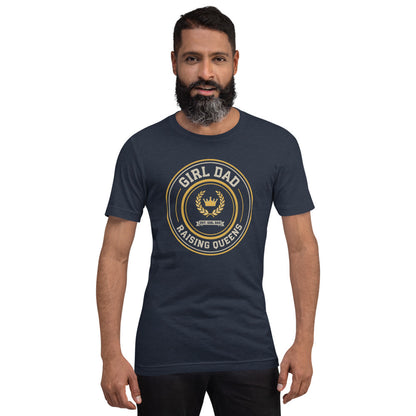 Girl Dad Raising Queens crest tee — Heather Navy, on model