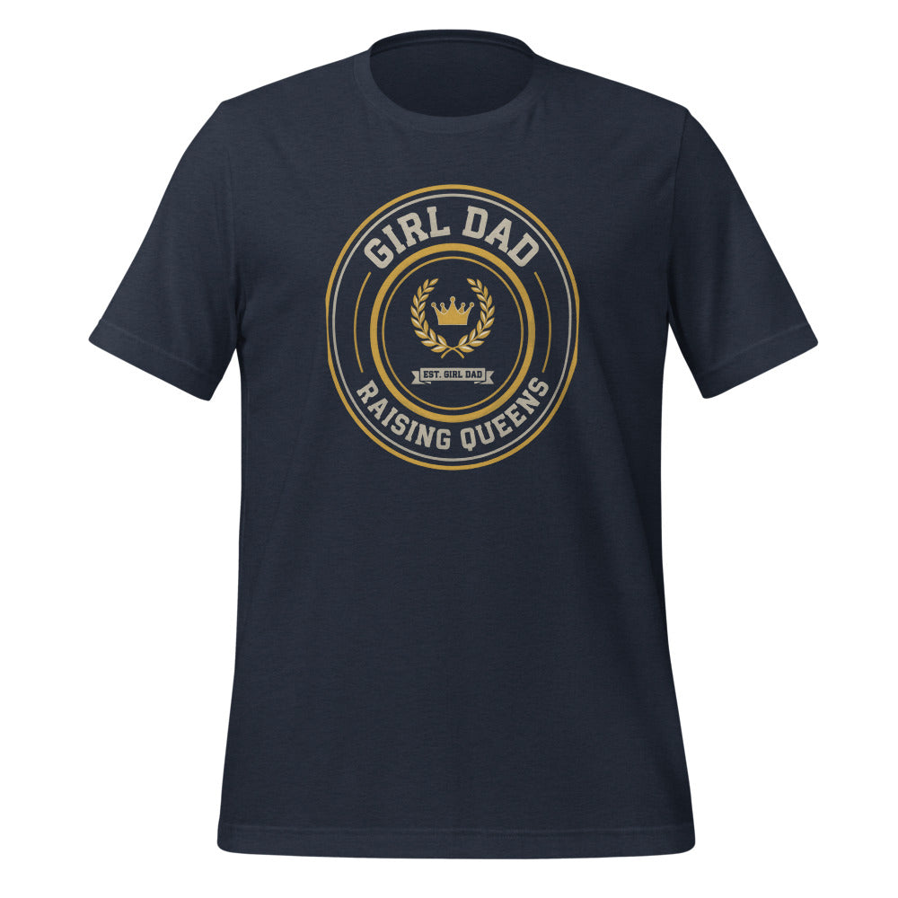 Girl Dad Raising Queens crest tee — Heather Navy, front