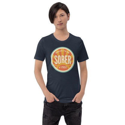 Sober & Proud retro sunburst tee — Heather Navy, on model