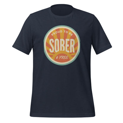 Sober & Proud retro sunburst tee — Heather Navy, front