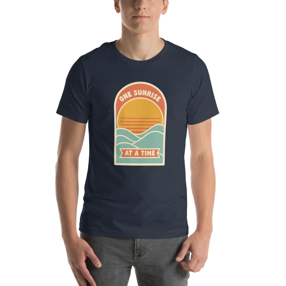 One Sunrise at a Time retro sunrise tee — Heather Navy, on model