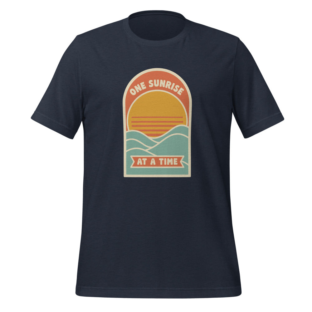 One Sunrise at a Time retro sunrise tee — Heather Navy, front