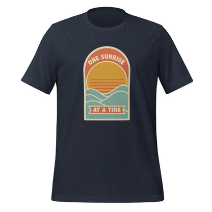 One Sunrise at a Time retro sunrise tee — Heather Navy, front