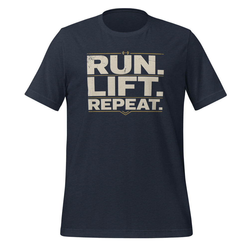 Run Lift Repeat vintage athletic tee — Heather Navy, front