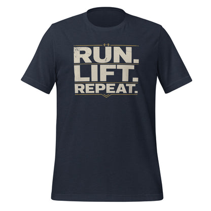 Run Lift Repeat vintage athletic tee — Heather Navy, front