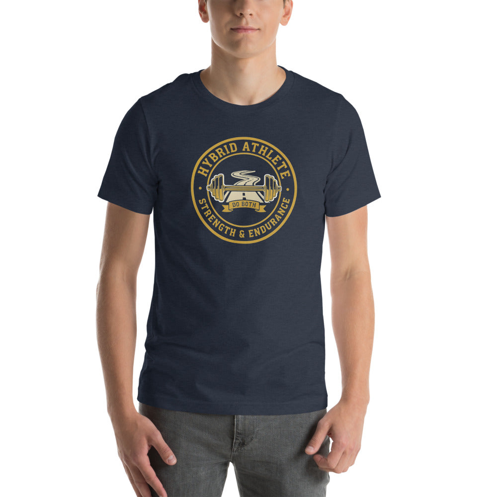 Hybrid Athlete vintage athletic-department crest tee — Heather Navy, on model
