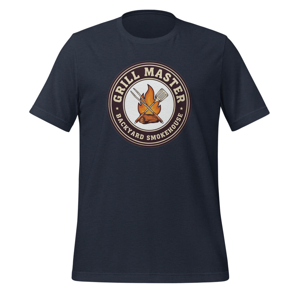 Grill Master retro backyard smokehouse tee — Heather Navy, front
