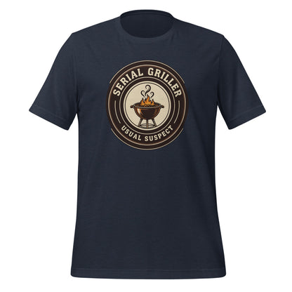Serial Griller funny BBQ tee — Heather Navy, front