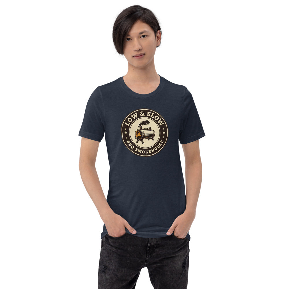 Low & Slow BBQ smoker tee — Heather Navy, on model