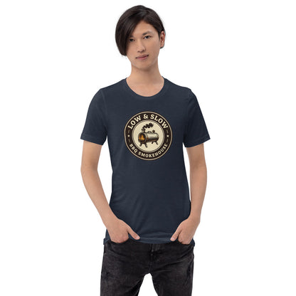 Low & Slow BBQ smoker tee — Heather Navy, on model
