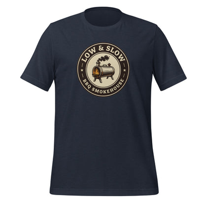 Low & Slow BBQ smoker tee — Heather Navy, front