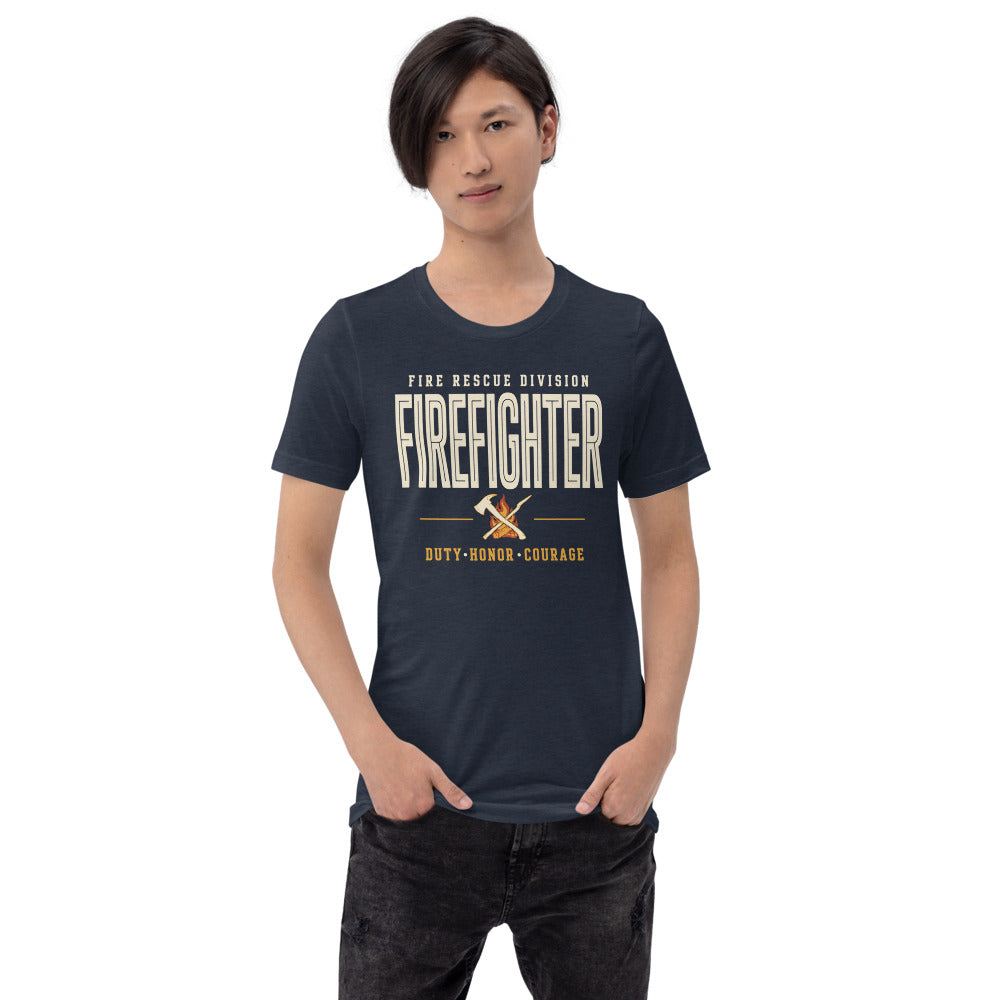 Firefighter collegiate wordmark retro fire-rescue tee — Heather Navy, on model