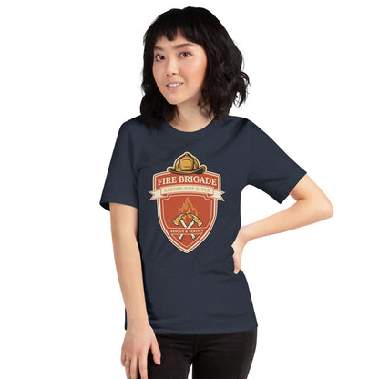 Fire Brigade Earned Not Given retro firefighter shield emblem tee — Heather Navy, on model
