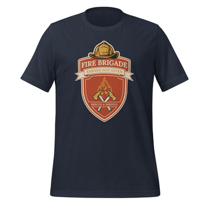 Fire Brigade Earned Not Given retro firefighter shield emblem tee — Heather Navy, front