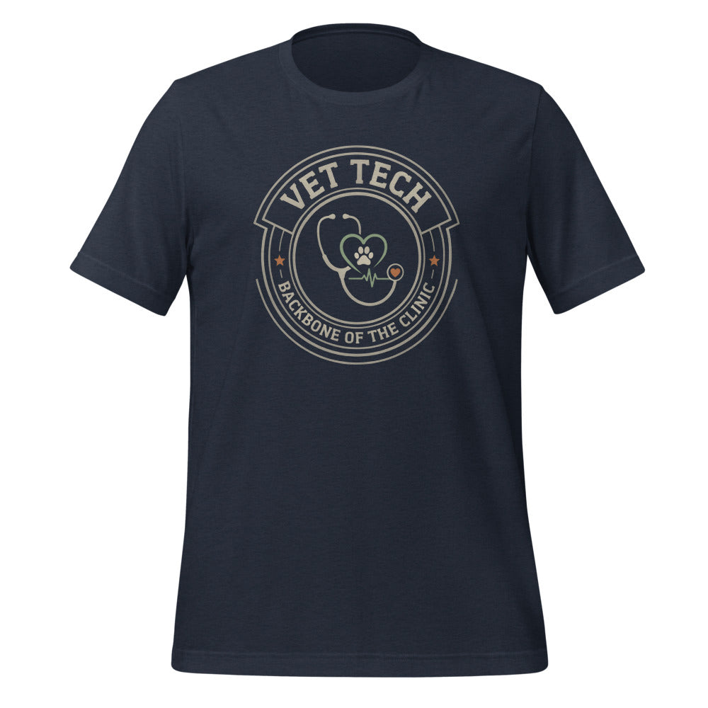 Vet Tech Crest retro veterinary technician tee — Heather Navy, front