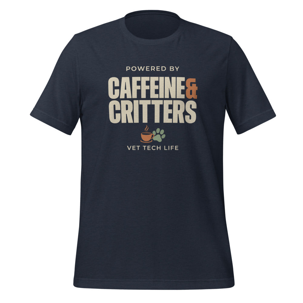 Powered by Caffeine & Critters funny vet tech tee — Heather Navy, front