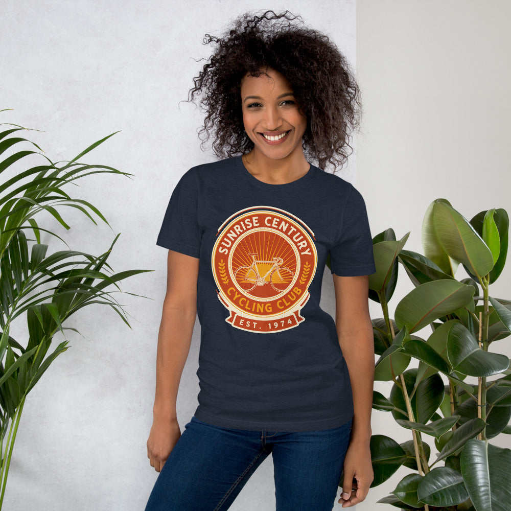 Sunrise Century C.C. retro cycling club badge t-shirt — Heather Navy, on model