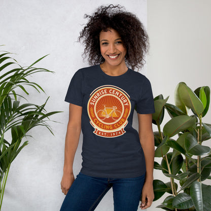 Sunrise Century C.C. retro cycling club badge t-shirt — Heather Navy, on model