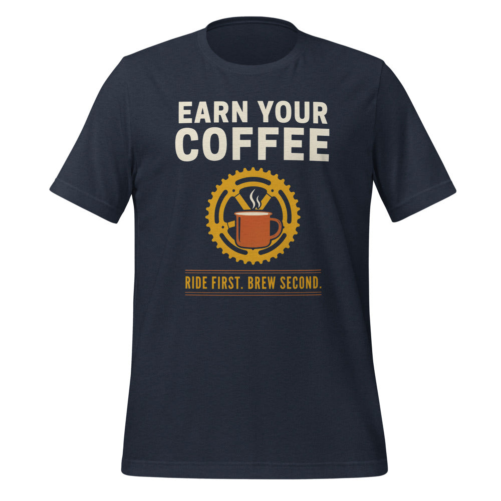 Earn Your Coffee retro cycling coffee t-shirt — Heather Navy, front