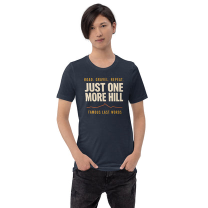 Just One More Hill retro cycling climb t-shirt — Heather Navy, on model