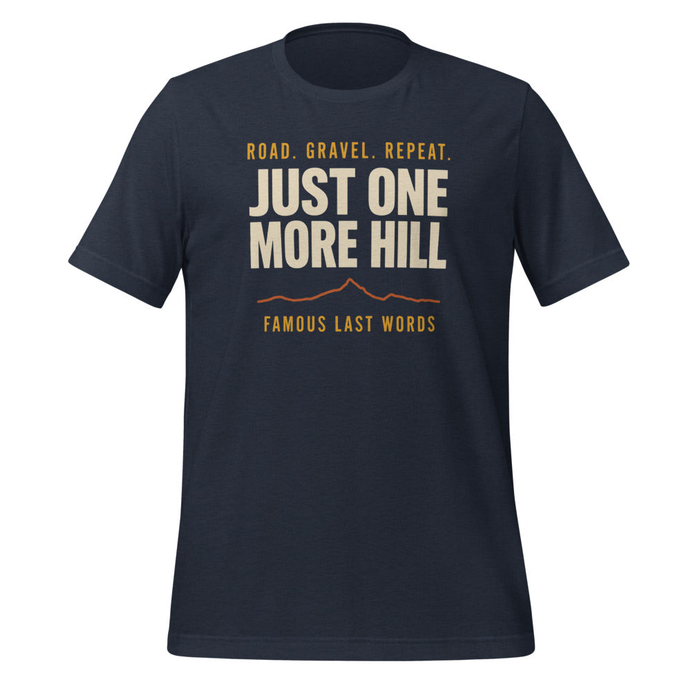 Just One More Hill retro cycling climb t-shirt — Heather Navy, front