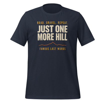 Just One More Hill retro cycling climb t-shirt — Heather Navy, front