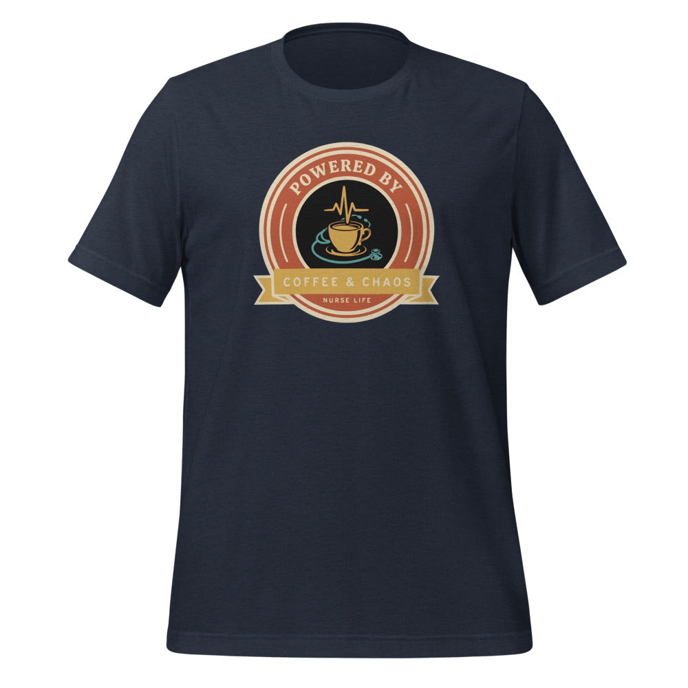 Powered by Coffee & Chaos retro nurse badge tee — Heather Navy, front