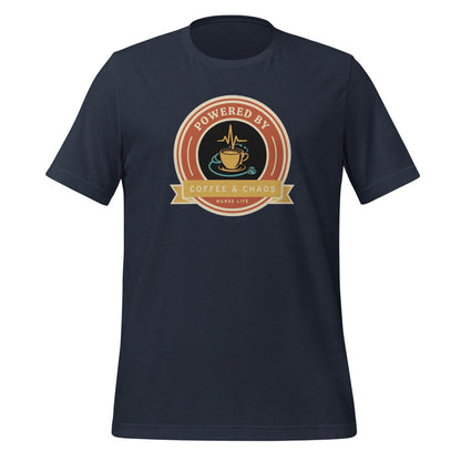 Powered by Coffee & Chaos retro nurse badge tee — Heather Navy, front