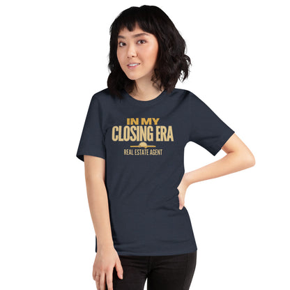 In My Closing Era real estate agent tee — Heather Navy, on model