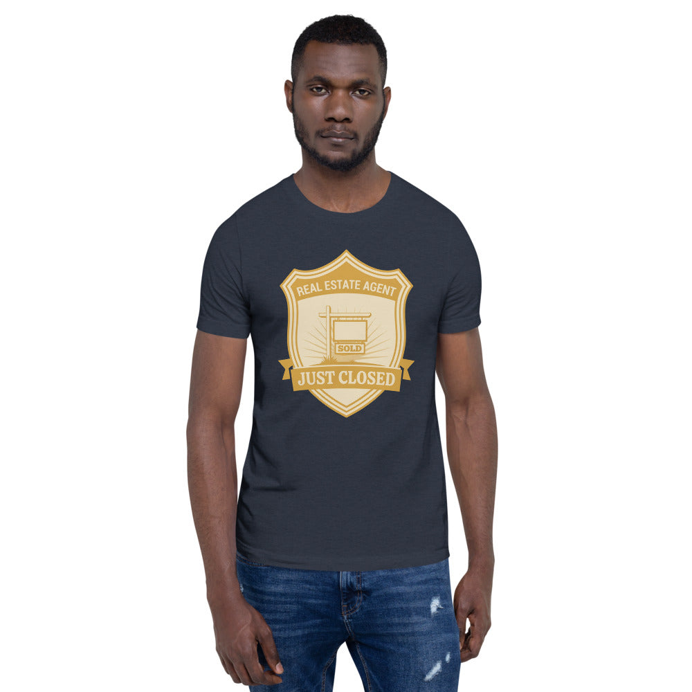 Just Closed real estate agent tee — Heather Navy, on model