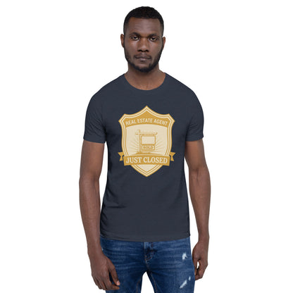 Just Closed real estate agent tee — Heather Navy, on model