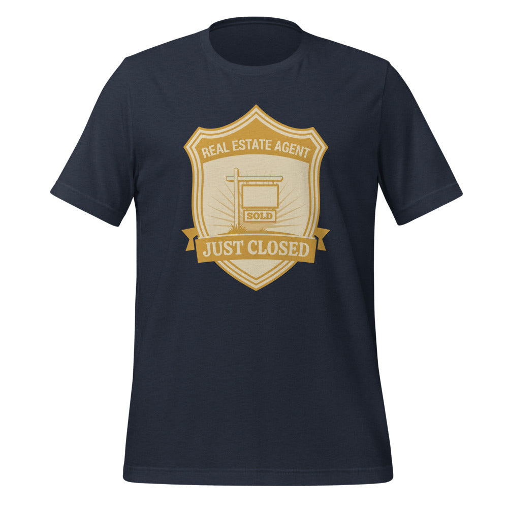 Just Closed real estate agent tee — Heather Navy, front