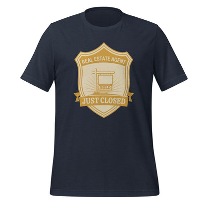 Just Closed real estate agent tee — Heather Navy, front