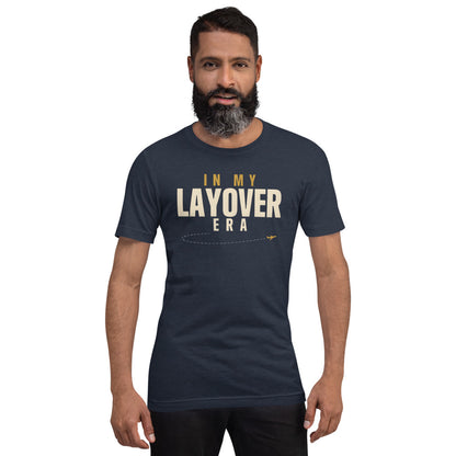 In My Layover Era flight attendant tee — Heather Navy, on model