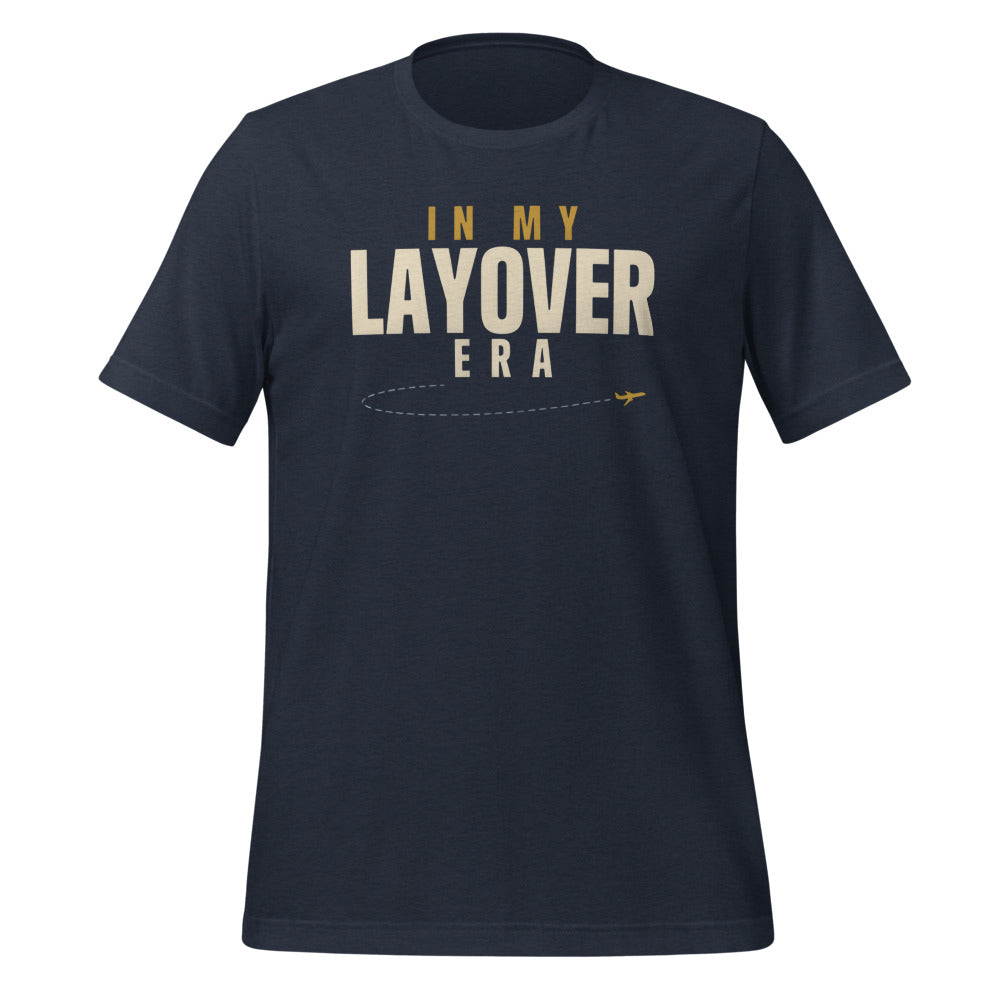 In My Layover Era flight attendant tee — Heather Navy, front