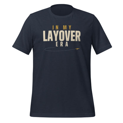 In My Layover Era flight attendant tee — Heather Navy, front