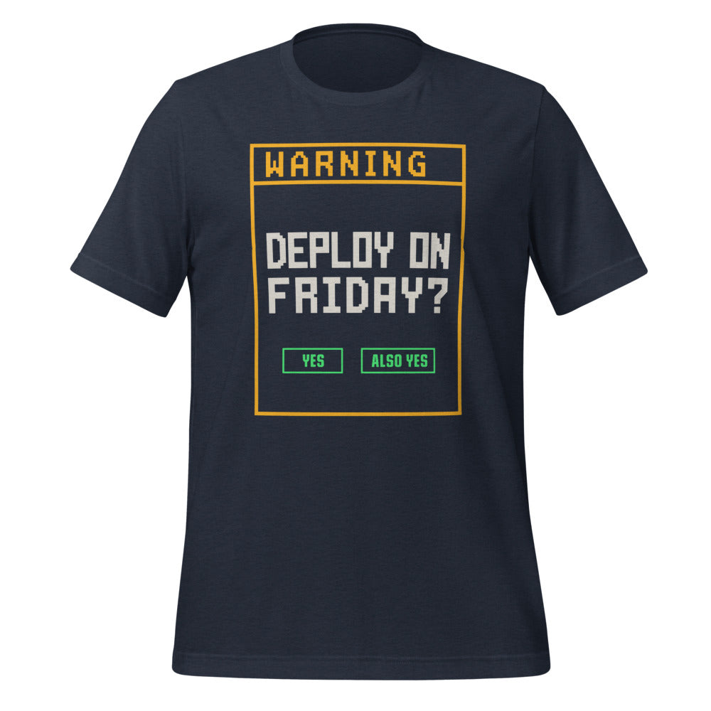 Deploy On Friday programmer tee — Heather Navy, front