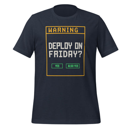 Deploy On Friday programmer tee — Heather Navy, front