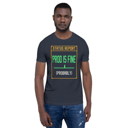 Prod Is Fine programmer tee — Heather Navy, on model