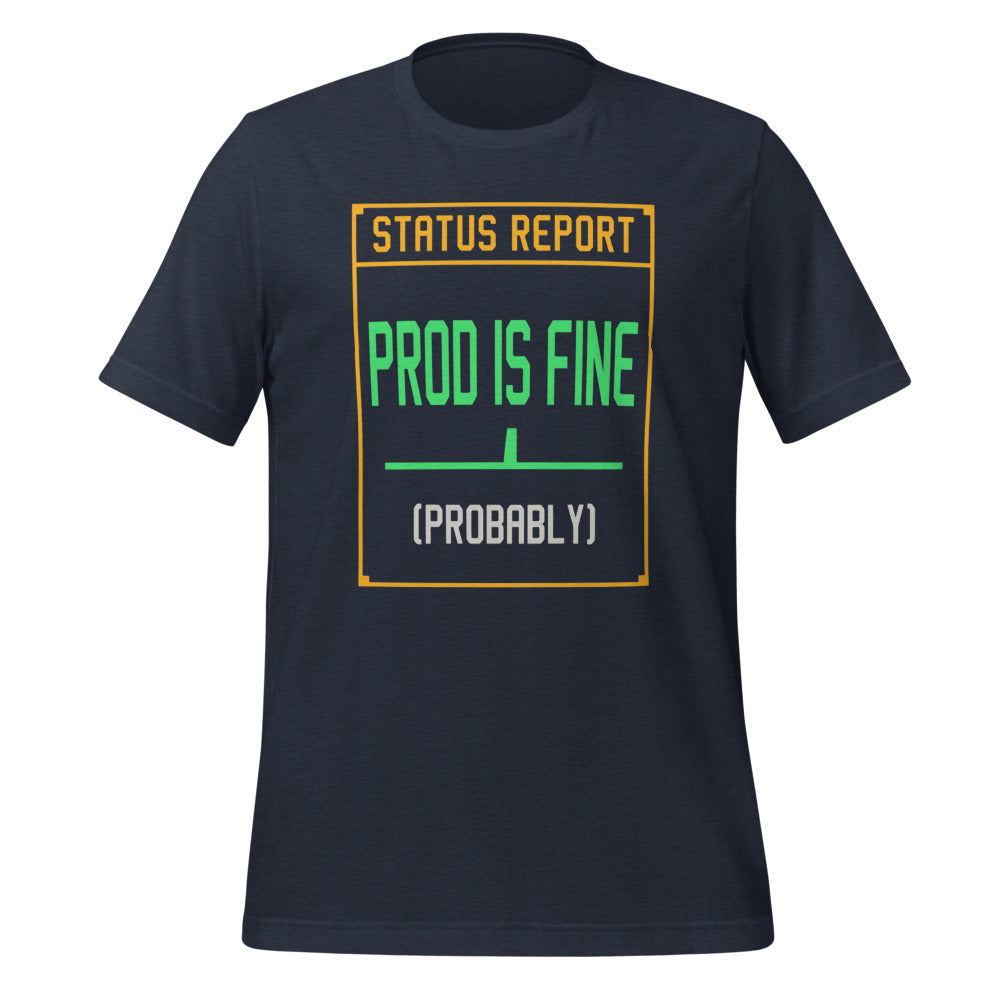 Prod Is Fine programmer tee — Heather Navy, front
