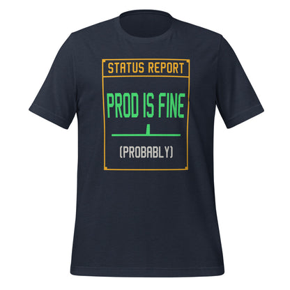 Prod Is Fine programmer tee — Heather Navy, front