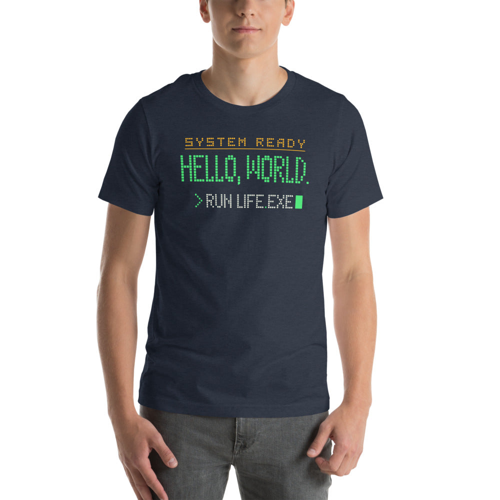 Hello World retro boot screen programmer tee — Heather Navy, on model