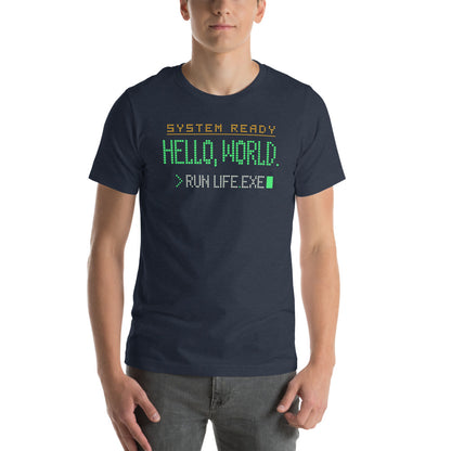 Hello World retro boot screen programmer tee — Heather Navy, on model