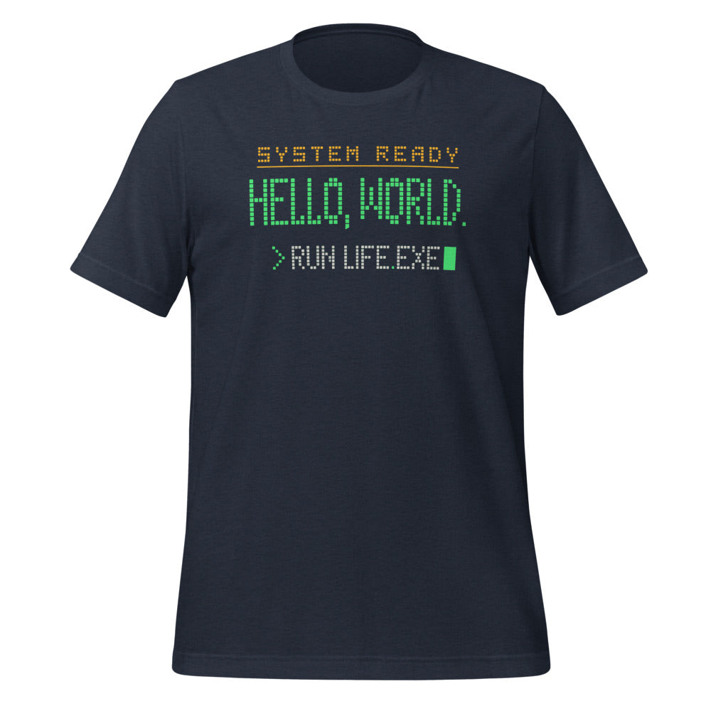 Hello World retro boot screen programmer tee — Heather Navy, front
