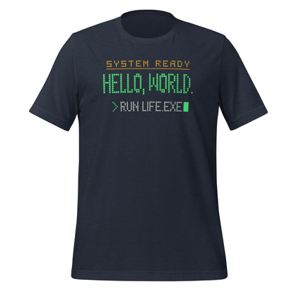 Hello World retro boot screen programmer tee — Heather Navy, front